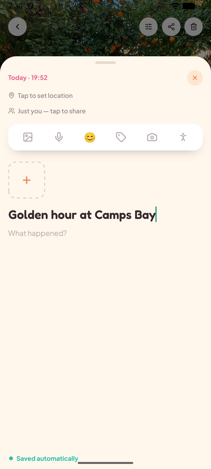 The capture sheet: a typed title, a chosen mood, saved automatically