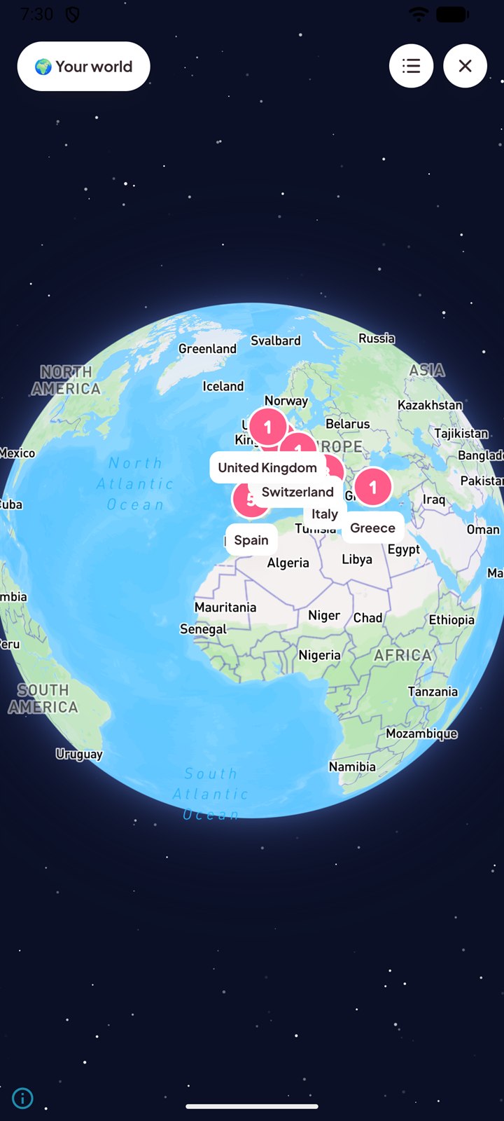 A 3D globe with pink pins on every place a memory was made