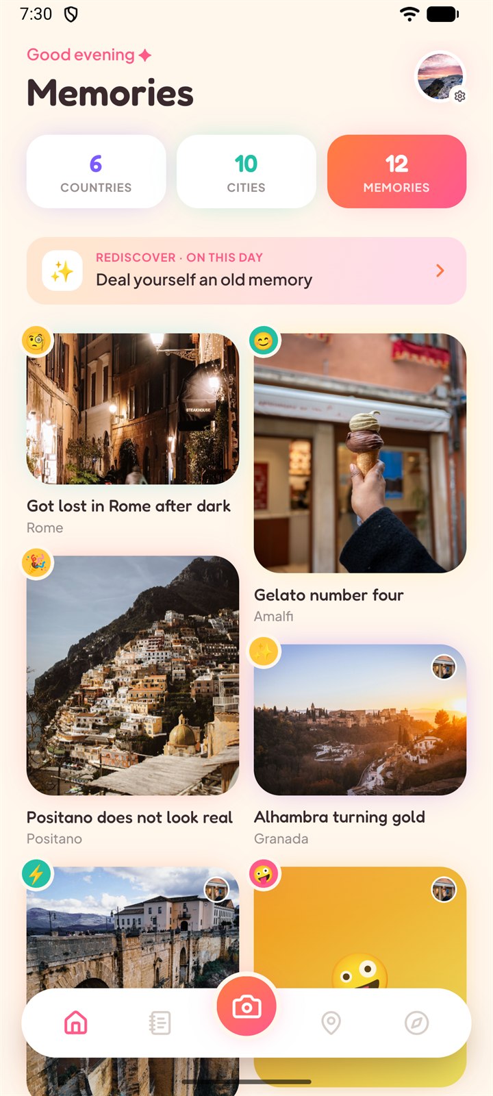 The Marmalade home feed: a private grid of memory tiles with photos, moods and places