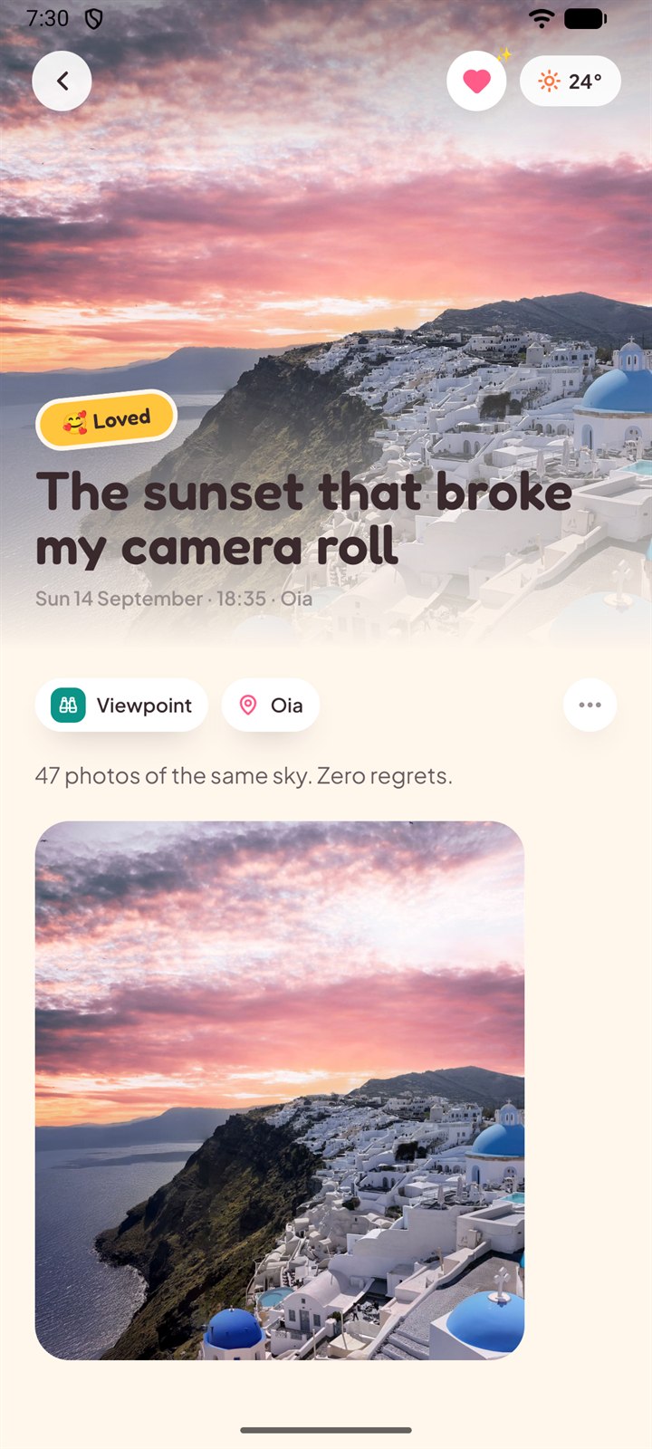 A memory detail page with a full-bleed photo, mood sticker and weather