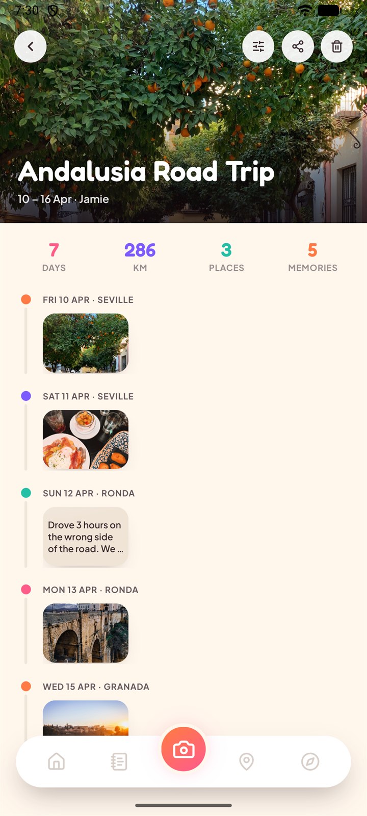 A trip page: seven days in Andalusia as a day-by-day timeline